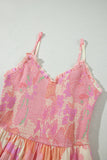 Pink Spaghetti Straps Floral Shirred High Waist Dress