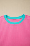 Clearly Aqua Soft Ribbed Color Block Trim Casual Short Set