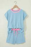 Clearly Aqua Soft Ribbed Color Block Trim Casual Short Set