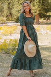 Green Plaid Square Neck Shirred High Waist Ruffle Hem Dress