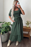 Green Plaid Square Neck Shirred High Waist Ruffle Hem Dress
