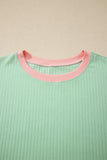 Clearly Aqua Soft Ribbed Color Block Trim Casual Short Set