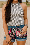 Gray Checkered Print Textured Halter Tank Top