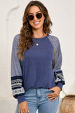 Tillandsia Purple Contrast Print Striped Raglan Long Sleeve Loose Top