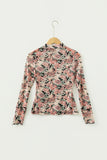 White Retro Floral Print Mock Neck Mesh Long Sleeve Top