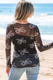 Black Round Neck Bow Print Long Sleeve Mesh Top